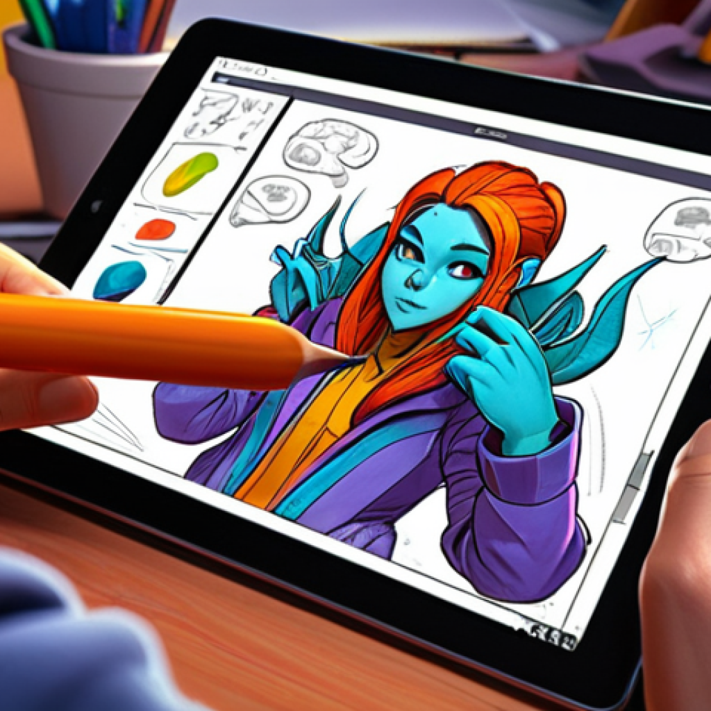 **

A vibrant digital illustration showcasing a character designer sketching on a tablet. Focus on the creative process, with colorful concept art sketches surrounding the character. Emphasis on tools like a stylus and digital painting software UI. Style: modern, colorful, dynamic.

**
