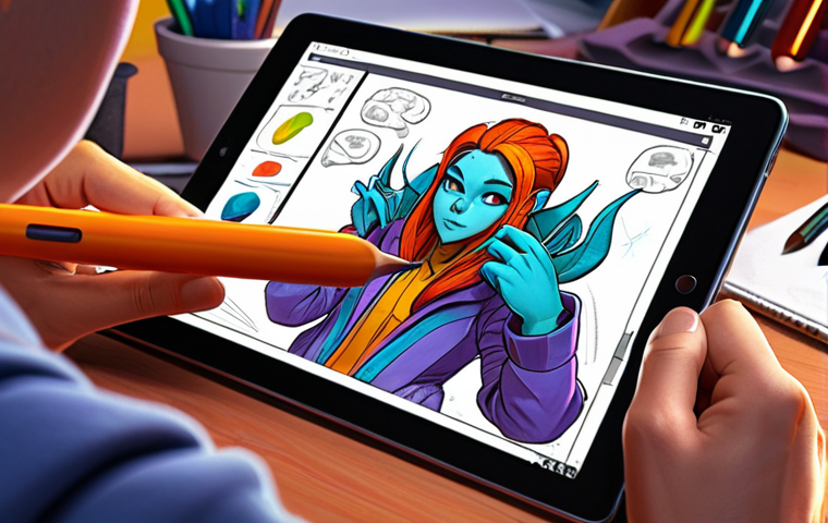 **
A vibrant digital illustration showcasing a character designer sketching on a tablet. Focus on the creative process, with colorful concept art sketches surrounding the character. Emphasis on tools like a stylus and digital painting software UI. Style: modern, colorful, dynamic.
**