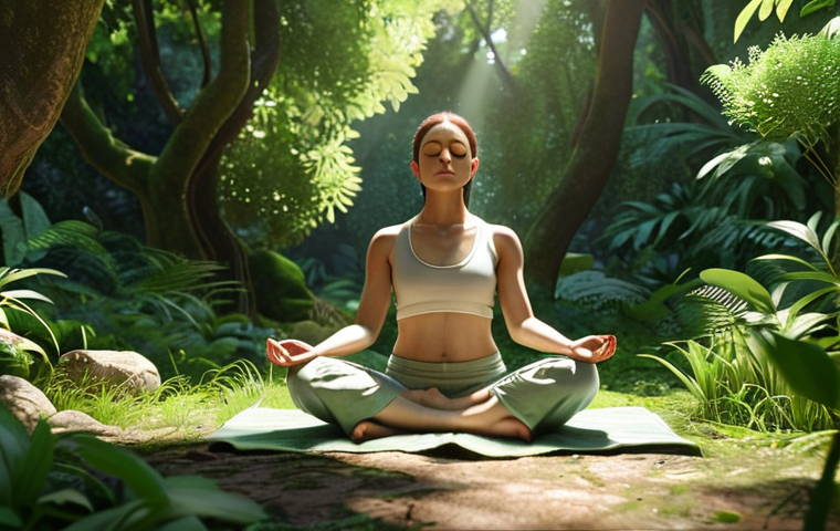 **

A character designer meditating in nature, surrounded by lush greenery. Soft, calming colors, dappled sunlight. Focus on serenity and inner peace.

**