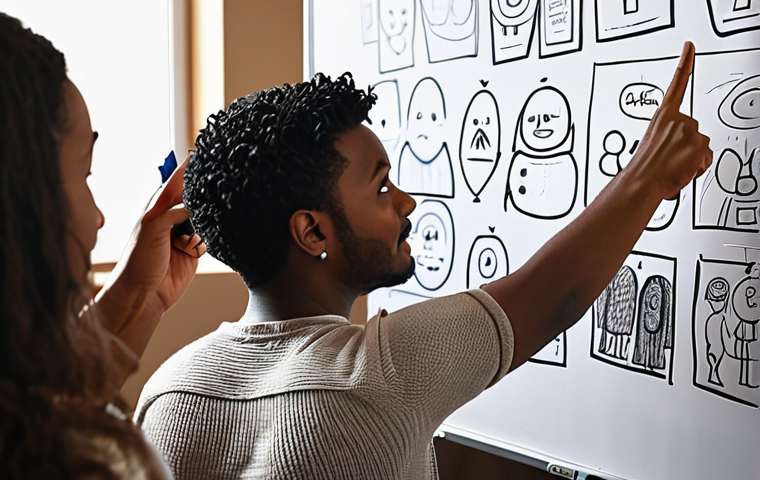 **
Diverse character design team brainstorming, led by a visionary leader pointing at a whiteboard filled with sketches and inspirational words. The atmosphere is collaborative and positive, with natural light and modern design tools visible. Focus on energy and creative synergy.
**