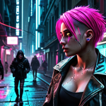 **

Prompt: "Character design, cyberpunk aesthetic, female hacker with neon pink hair, intricate cybernetic augmentations, wearing a distressed leather jacket, set in a bustling futuristic Milan street at night, gritty realism, high detail, dramatic lighting, concept art."

**
