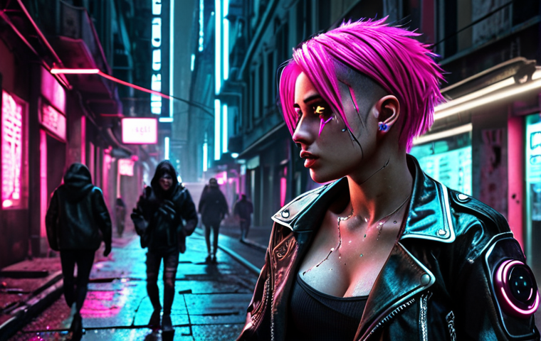 **
Prompt: "Character design, cyberpunk aesthetic, female hacker with neon pink hair, intricate cybernetic augmentations, wearing a distressed leather jacket, set in a bustling futuristic Milan street at night, gritty realism, high detail, dramatic lighting, concept art."
**