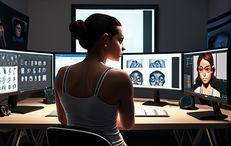 **
Prompt: Character designer at work, surrounded by multiple screens displaying Maya, ZBrush, and Photoshop, focused expression, strong lighting, portfolio visible in background showcasing diverse character styles, desk with sketchbook and Wacom tablet, modern studio environment, professional atmosphere.
**
