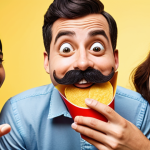 ** A cheerful character with a distinctive mustache, resembling the Pringles mascot, interacting with a diverse group of people. The character is approachable and embodies positive brand values. Focus on vibrant colors and a welcoming atmosphere.

**
