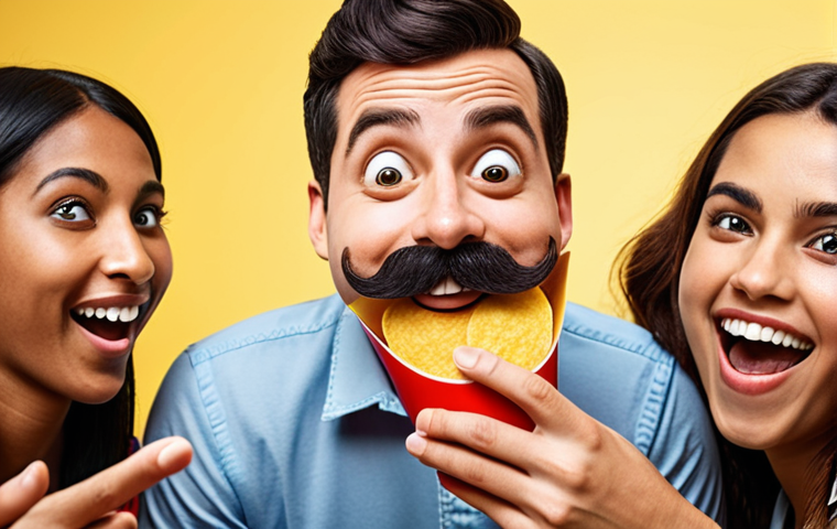 ** A cheerful character with a distinctive mustache, resembling the Pringles mascot, interacting with a diverse group of people. The character is approachable and embodies positive brand values. Focus on vibrant colors and a welcoming atmosphere.

**