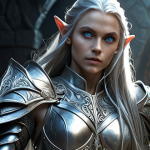 **

"Fantasy warrior elf, silver armor, long flowing hair, blue eyes, realistic fantasy style, dynamic pose, dramatic lighting, detailed costume design, concept art."

**