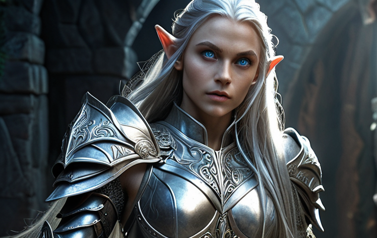 **

"Fantasy warrior elf, silver armor, long flowing hair, blue eyes, realistic fantasy style, dynamic pose, dramatic lighting, detailed costume design, concept art."

**