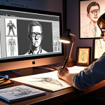 **

A character designer passionately working at a desk, illuminated by a screen displaying character sketches. Tools like a graphic tablet and pencils are scattered around. The background subtly showcases awards and accolades.

**