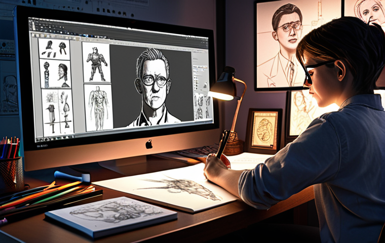 **

A character designer passionately working at a desk, illuminated by a screen displaying character sketches. Tools like a graphic tablet and pencils are scattered around. The background subtly showcases awards and accolades.

**