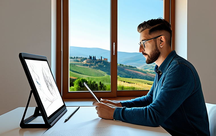 **

A professional character designer, fully clothed in stylish casual wear, working on a digital drawing tablet in a bright, modern studio. Large windows overlook the rolling hills of Tuscany. Safe for work, appropriate content, professional environment, perfect anatomy, natural pose, high quality rendering.

**