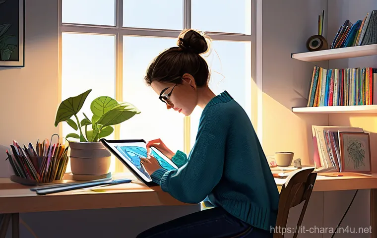 캐릭터디자인 직무에서 경력 단절 극복 사례 - **Prompt 1: Reigniting the Creative Spark**
* **Subject:** A female character designer in her ...