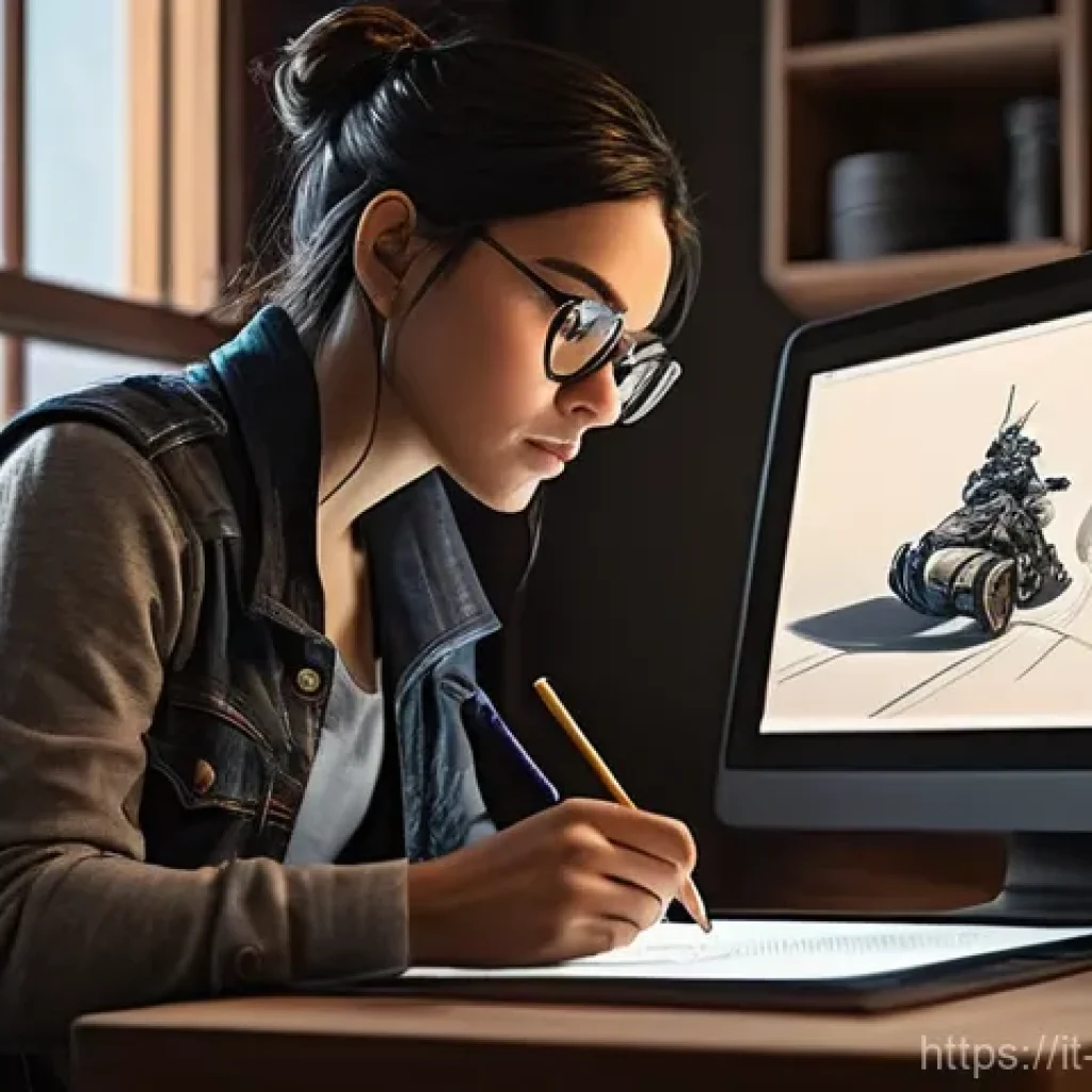 캐릭터디자이너로서 업무 효율 높이는 법 - **"Focused Character Designer at Work"**: A female character designer, mid-30s, with dark, styled ha...