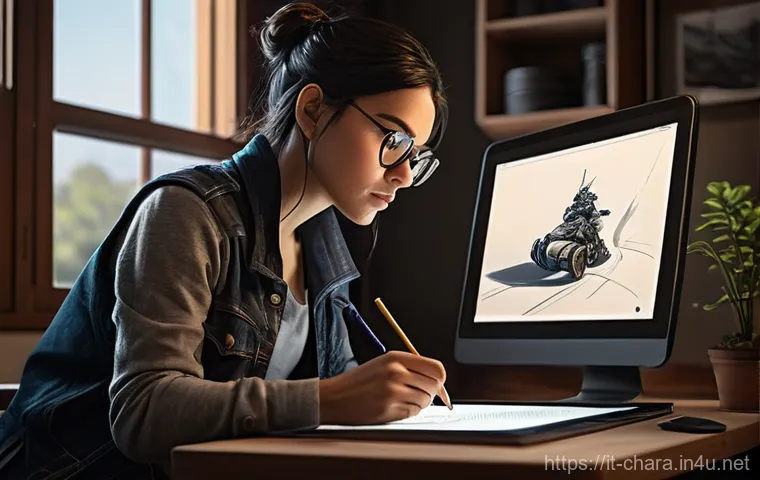 캐릭터디자이너로서 업무 효율 높이는 법 - **"Focused Character Designer at Work"**: A female character designer, mid-30s, with dark, styled ha...