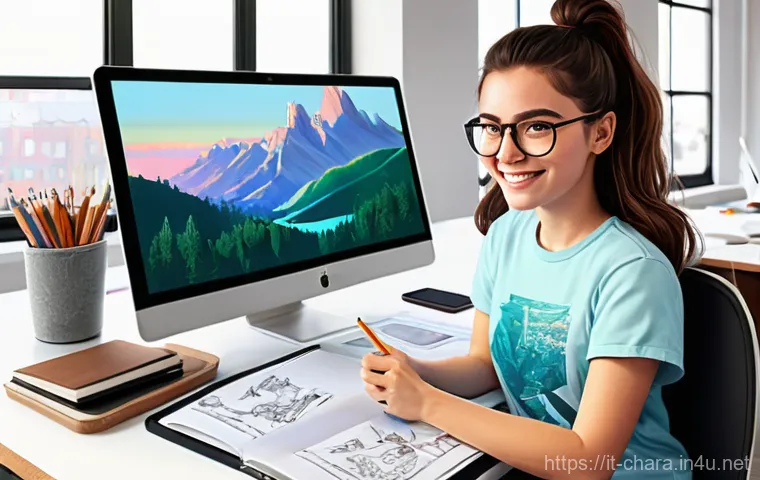 캐릭터디자인 실기 시험 대비 체크리스트 - **Prompt 1: Creative Character Designer at Work**
    "A vibrant, eye-level digital illustration of ...