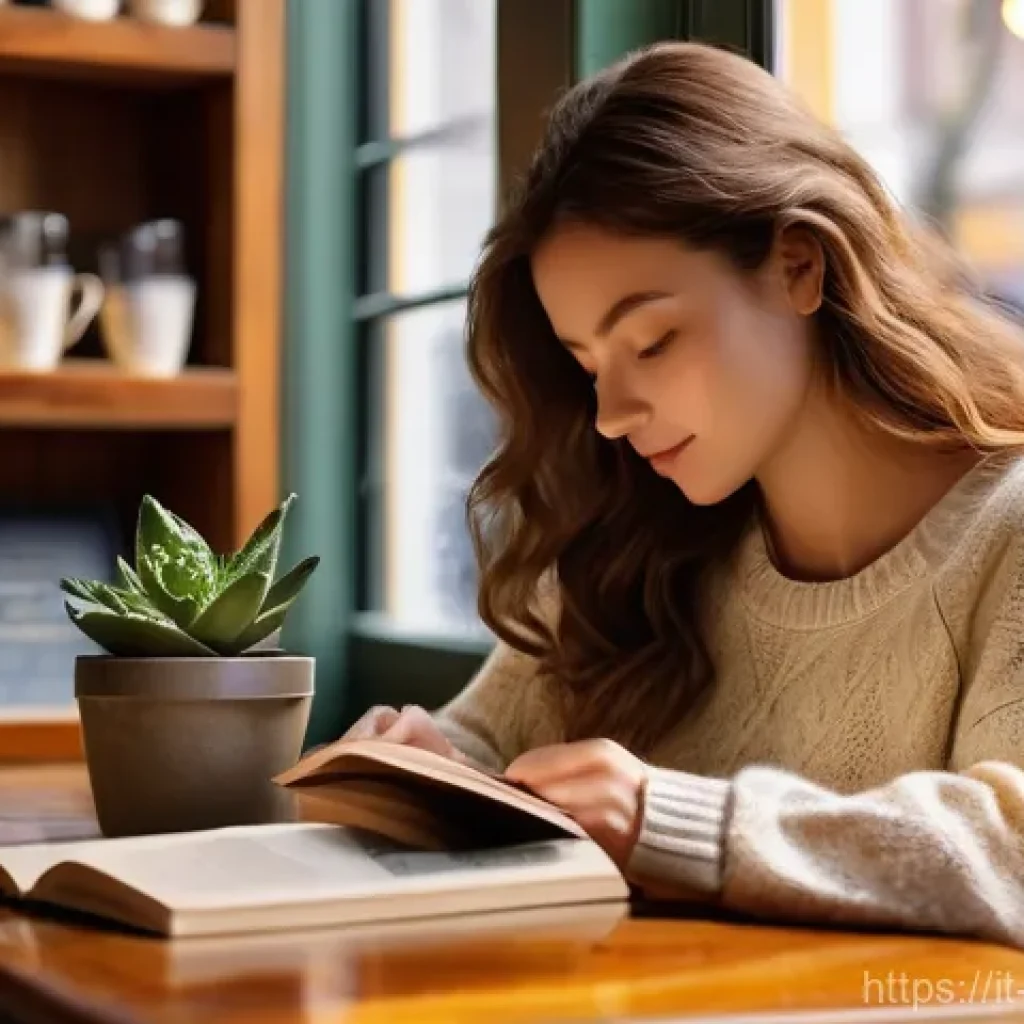 캐릭터디자인 직무에서의 창의적 아이디어 발상법 - **Cozy Cafe Reading Scene**
    A young woman in her mid-20s, with soft, wavy brown hair, is engross...