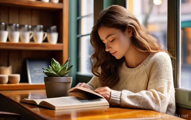 캐릭터디자인 직무에서의 창의적 아이디어 발상법 - **Cozy Cafe Reading Scene**
A young woman in her mid-20s, with soft, wavy brown hair, is engross...