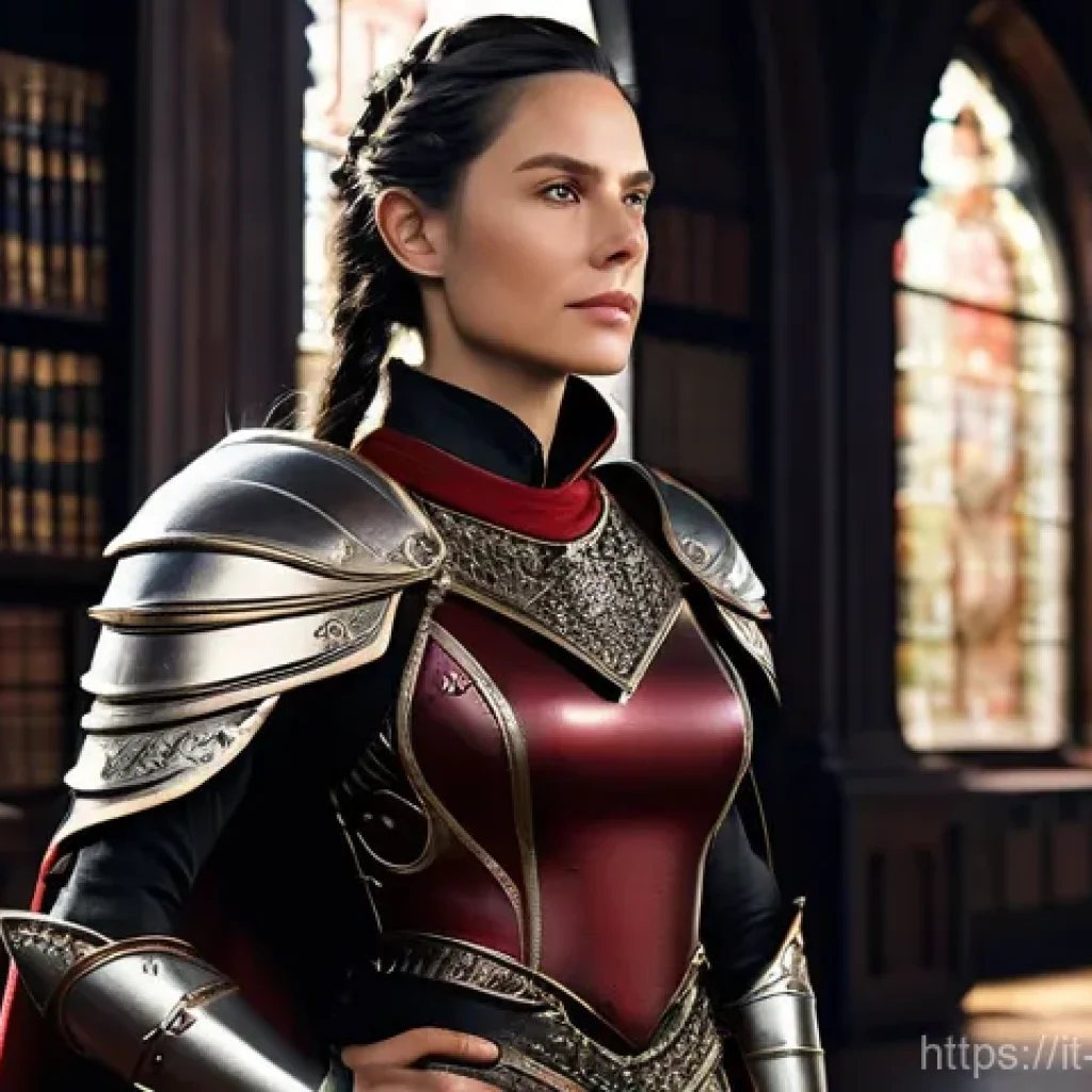 캐릭터디자인 직무에서의 최신 기술 동향 - **Prompt:** A majestic, wise female warrior, mid-50s, with a stern yet compassionate expression. She...
