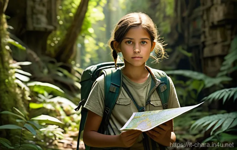 캐릭터디자이너와 일러스트레이터의 차이 - **Prompt 1: "A young, determined female explorer, about 10 years old, standing amidst ancient, overg...