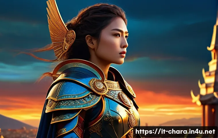 캐릭터디자이너의 글로벌 직무 사례 - A majestic, maximalist fantasy character: a female warrior with elaborate, layered armor and flowing...