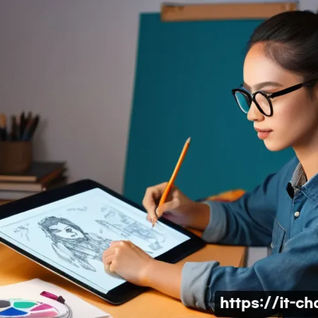캐릭터디자이너의 자기 소개서 성공 사례 - **Prompt:** A focused female character designer, approximately 30 years old, with an expressive face...