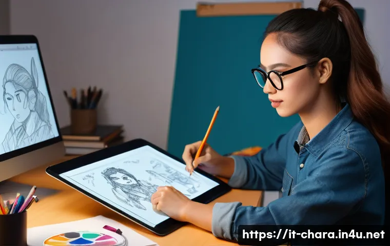 캐릭터디자이너의 자기 소개서 성공 사례 - **Prompt:** A focused female character designer, approximately 30 years old, with an expressive face...