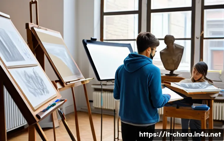 캐릭터디자인 자격증과 학위 프로그램 비교 - "A warm and inspiring scene inside a classic Italian art academy studio. Diverse students, ranging f...