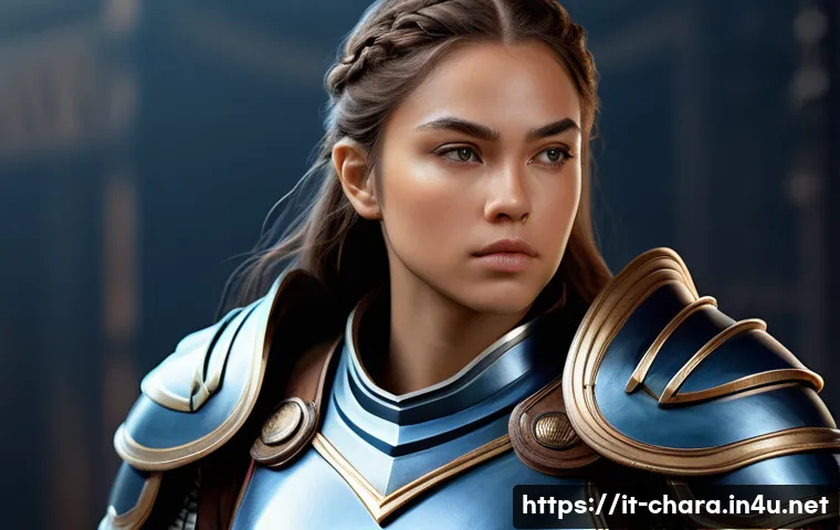 캐릭터디자인 실기 시험에서 중요한 기술 - A detailed character design portrait of a young female warrior wearing intricately designed armor, s...