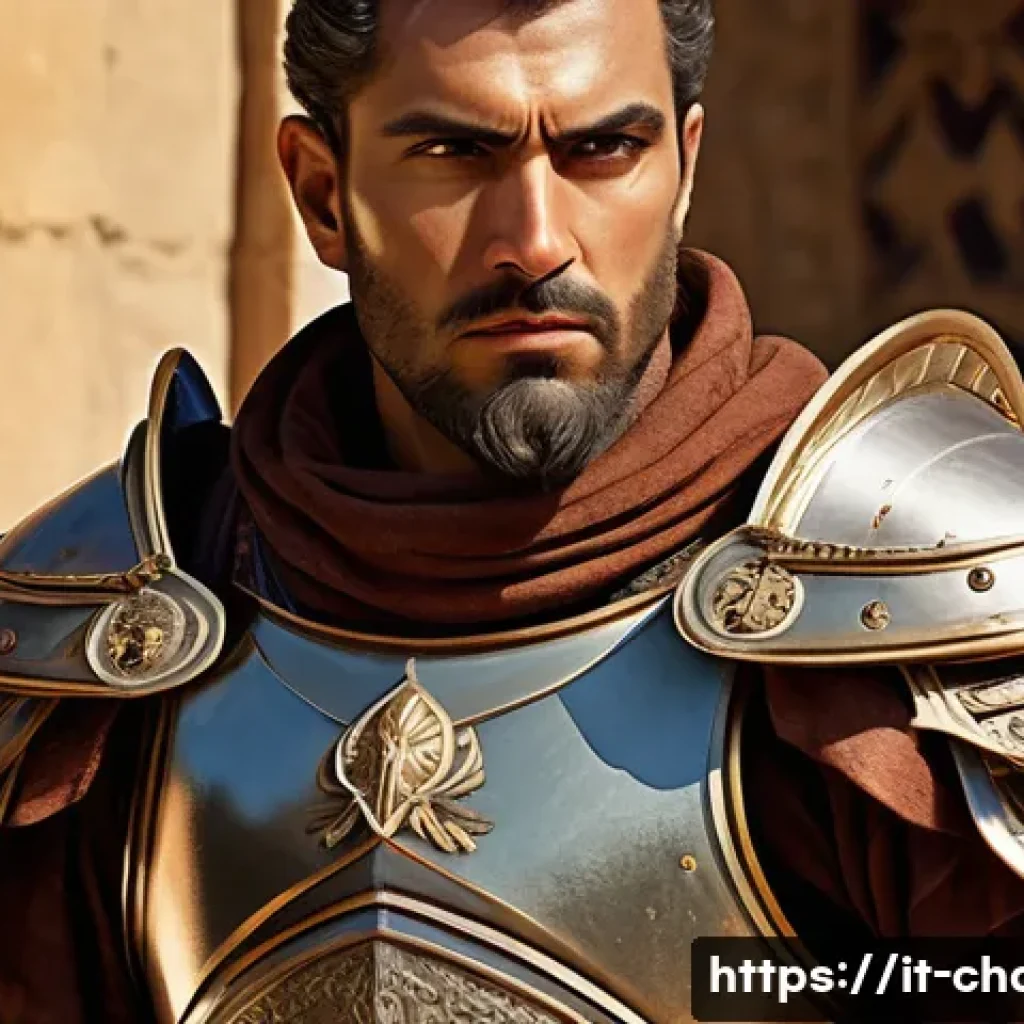 캐릭터디자인 실기 시험의 주요 평가 항목 - A weary yet determined Mediterranean warrior character, wearing intricately detailed baroque-inspire...