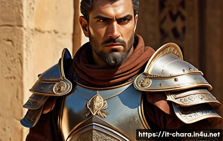 캐릭터디자인 실기 시험의 주요 평가 항목 - A weary yet determined Mediterranean warrior character, wearing intricately detailed baroque-inspire...