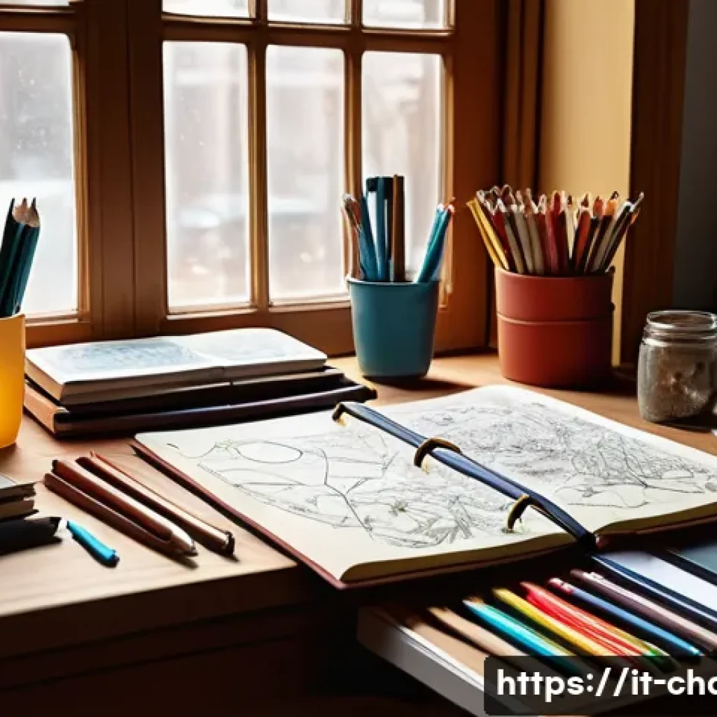 캐릭터디자이너 업무일지 작성법 - A cozy artist’s workspace featuring a wooden desk cluttered with a variety of creative tools: colore...