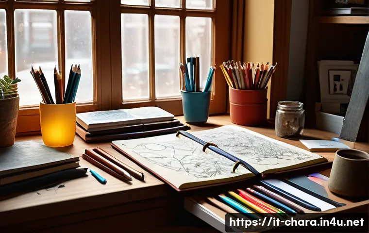 캐릭터디자이너 업무일지 작성법 - A cozy artist&rsquo;s workspace featuring a wooden desk cluttered with a variety of creative tools: colore...