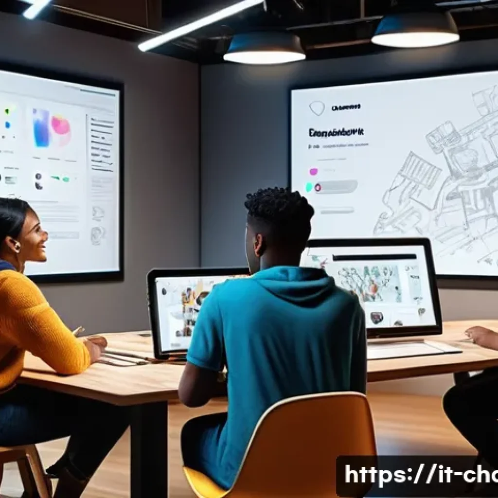 캐릭터디자인 자격증 학습 커뮤니티 가입 장점 - A vibrant online community scene showing diverse character designers collaborating on a digital plat...