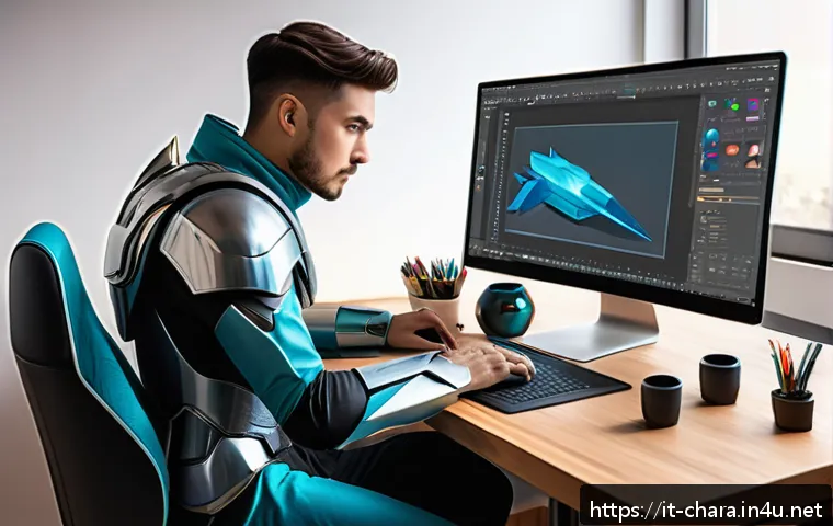 캐릭터디자인 학습을 위한 유튜브 채널 - A digital artist’s workspace showing a cozy, modern studio with a large drawing tablet, a high-resol...