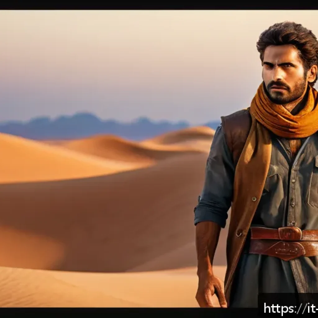 캐릭터디자인 실무 프로젝트의 주요 과제 - A confident desert warrior character standing tall with an upright posture and direct gaze, dressed ...