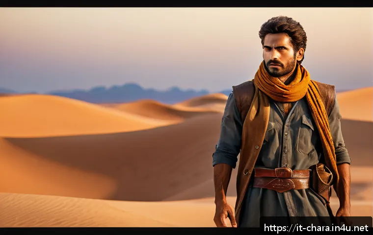 캐릭터디자인 실무 프로젝트의 주요 과제 - A confident desert warrior character standing tall with an upright posture and direct gaze, dressed ...