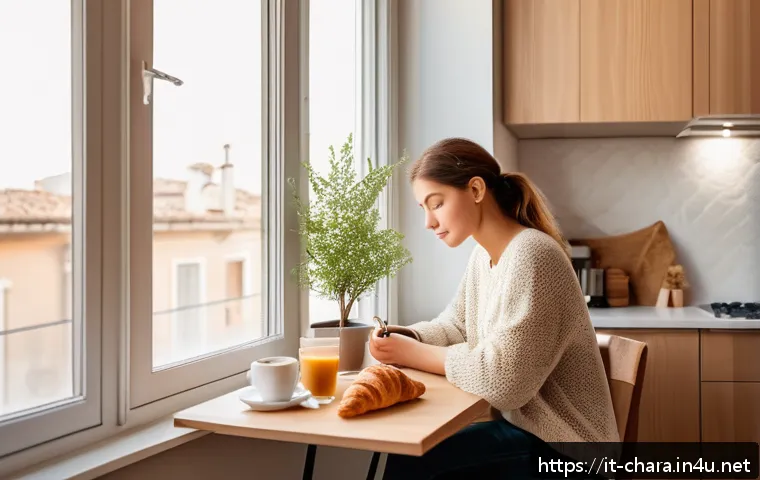 캐릭터디자인 자격증 준비에 필요한 일정 관리 - A cozy, sunlit morning scene in a modern Italian apartment featuring a young adult sitting at a smal...