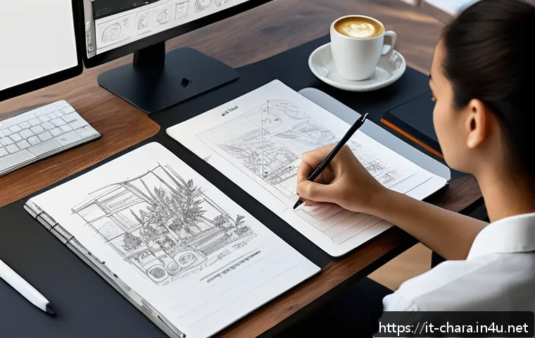 캐릭터디자인 직무에서 피드백 활용법 - A creative professional&rsquo;s modern workspace showcasing a digital character design process: a sleek de...