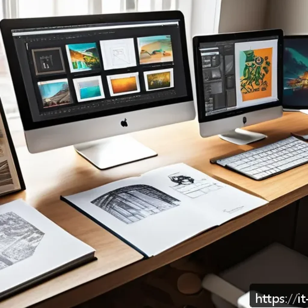 캐릭터디자인 자격증 취득 후 첫 직장 선택 - A professional character designer workspace showing a clean, modern desk with dual monitors displayi...