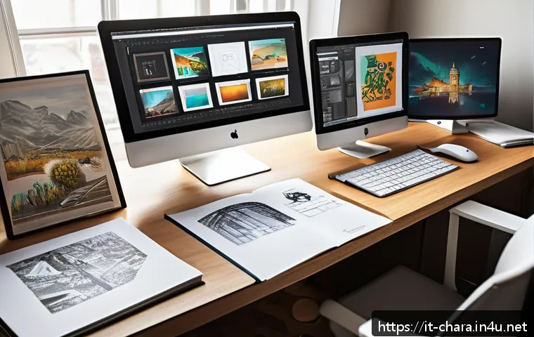 캐릭터디자인 자격증 취득 후 첫 직장 선택 - A professional character designer workspace showing a clean, modern desk with dual monitors displayi...