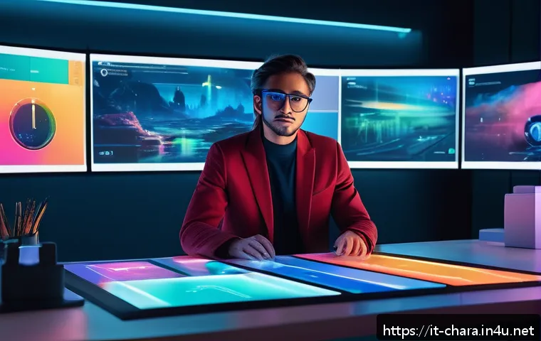 캐릭터디자인 직무에서 요구되는 최신 기술 - A futuristic digital artist’s workspace showcasing an advanced concept art software interface on a s...