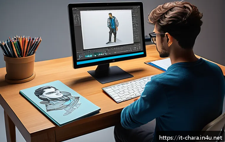 캐릭터디자인 자격증 학습에서 필요한 자료 정리 - A professional character designer’s digital workspace featuring a high-end Wacom Cintiq tablet displ...