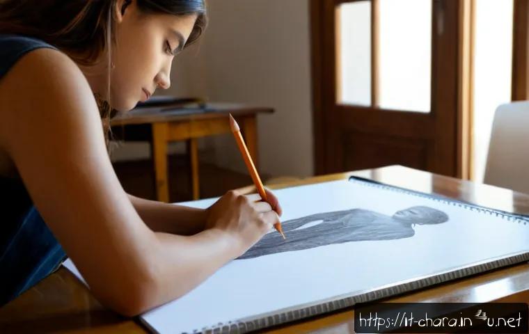 캐릭터디자인 실기 시험 준비 과정 노하우 - Photorealistic Italian art school student preparing for a character design practical exam, seated at...